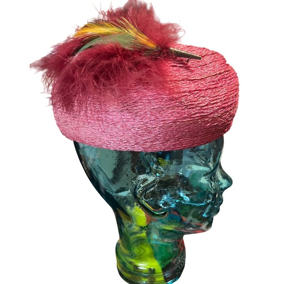 Vtg Pink pillbox hat  w/feathers‎ woven straw Mr Wilton Original Wolfman Houston main image 4